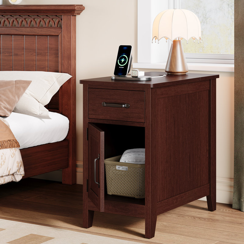Narrow End Table With Charging Station, Flip-top Outlet & Usb-c, Nightstand With Drawer And Cabinet, Set of 2, Brown