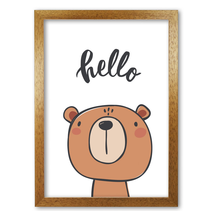 Hello Bear - Painting, 30 cm H x 21 cm W x 5 cm D, Honey Oak Frame