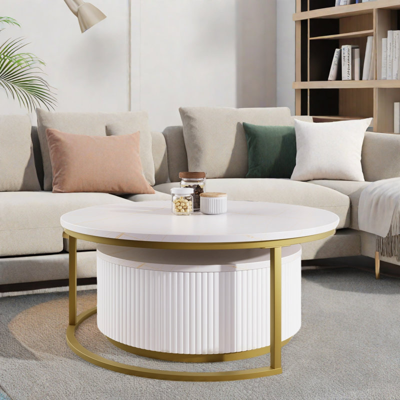 Table basse gigogne moderne avec motif cannelé, 1 tiroir et pieds en métal, Blanc