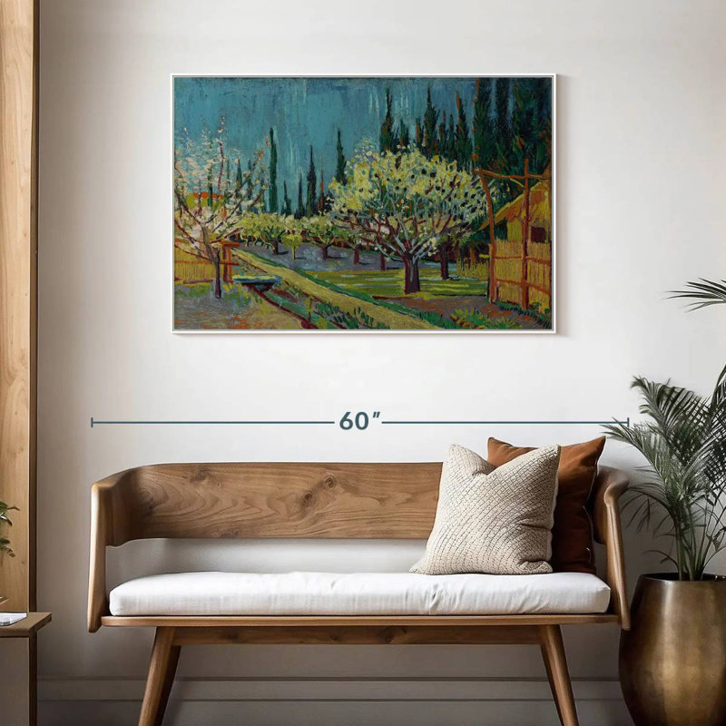 Verger bordé de cyprès, Cadre flottant blanc, 43 po x 29 po