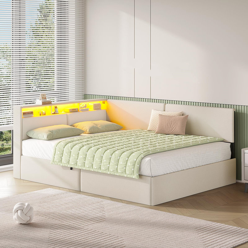 Daybed with Charging Station & Hydraulic Storage, Corner Bed with LED Headboard, Double (4'6), Dark Gray