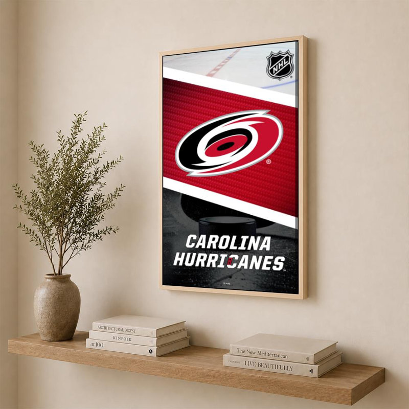 Décoration murale des Hurricanes de la Caroline (LNH), 36" H x 24" W, Cadre plat flottant, Bouleau