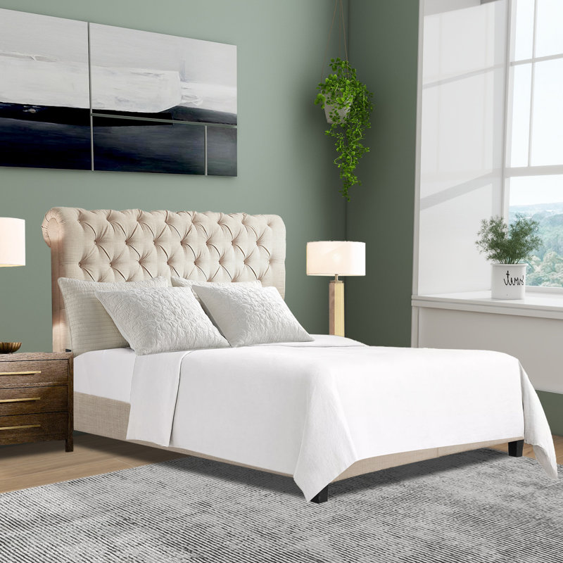 Lit tapissier en tissu, base de lit à hauteur réglable capitonnée, Beige, Très grand lit