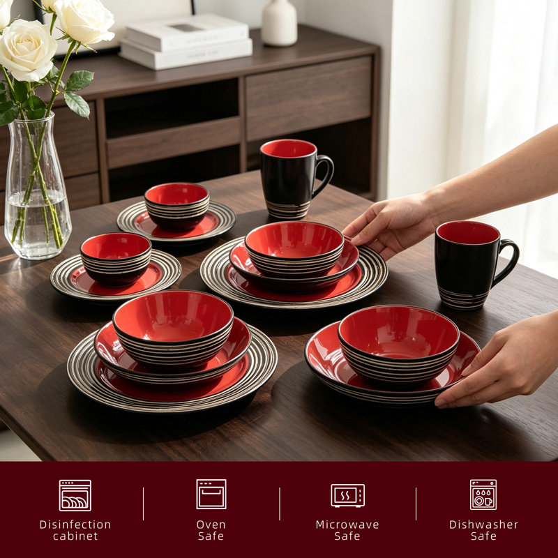  HomeVSS 48-Piece Tree Bark Stoneware Dinnerware Set, Service for 8, Strawberry