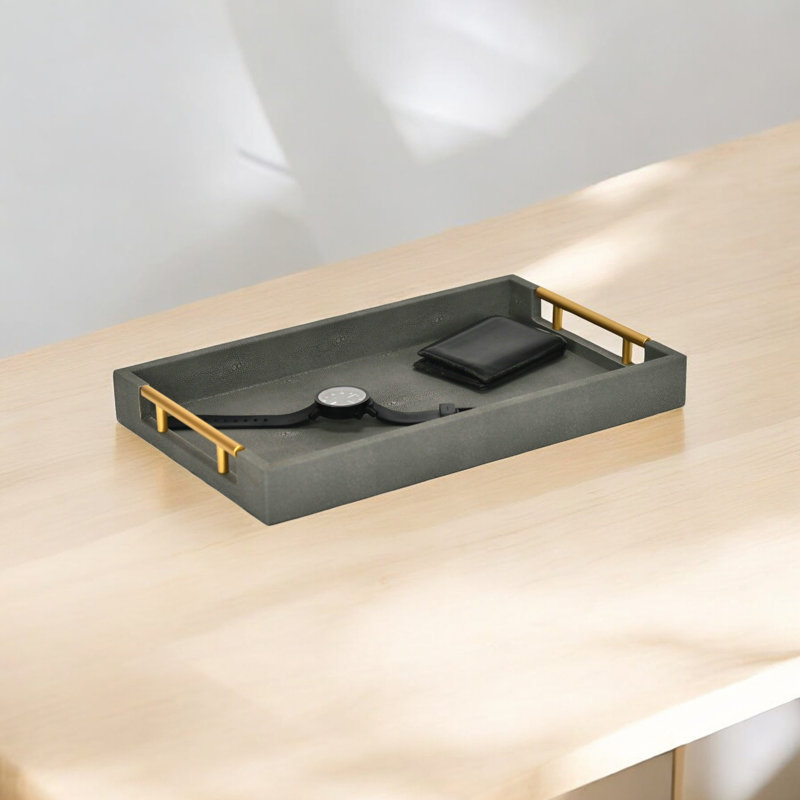 Baidy Hand-Finished Faux Shagreen Rectangular Serving Tray, Gray