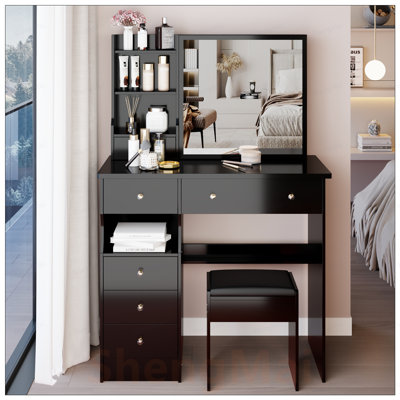 Left Drawer Desktop Makeup Vanity Table with Cushioned Stool, Extra Large Right Sliding Mirror, Multi-Layer High Capacity Storage, Stylish and Practical Dressing Set