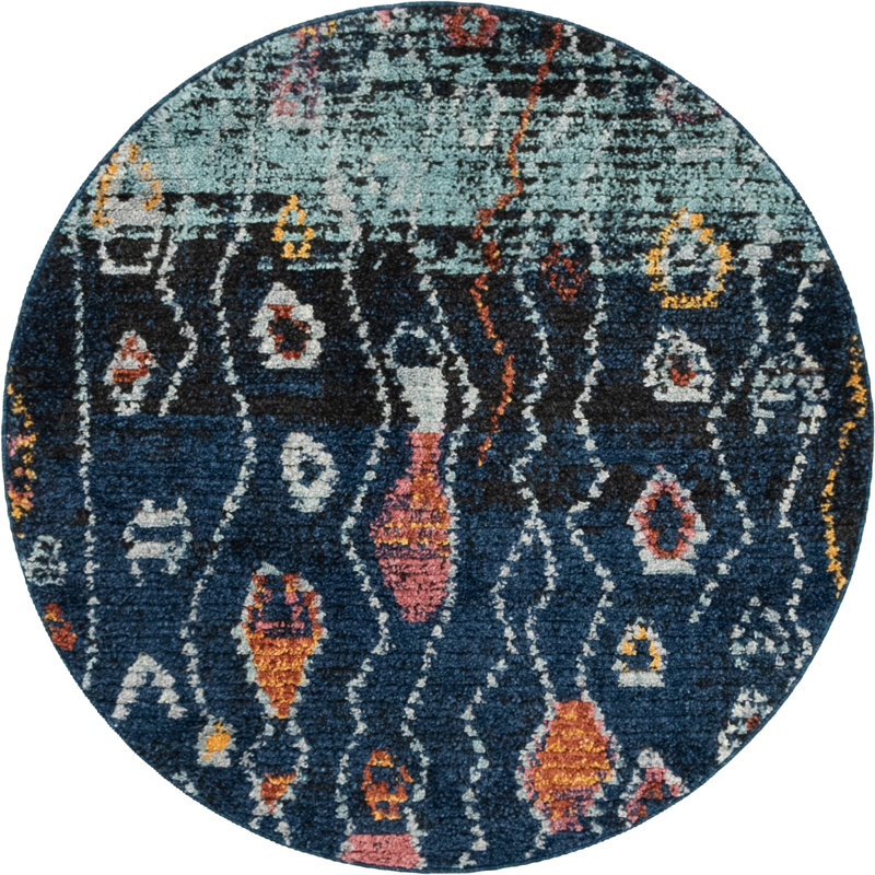 Tapis bleu marine Southwestern, Rond 4 pi 1 po