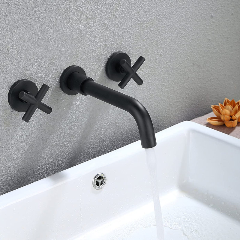 Wall Mounted Bathroom Sink Faucet With Pop-Up Drain (No Overflow), Matte Black