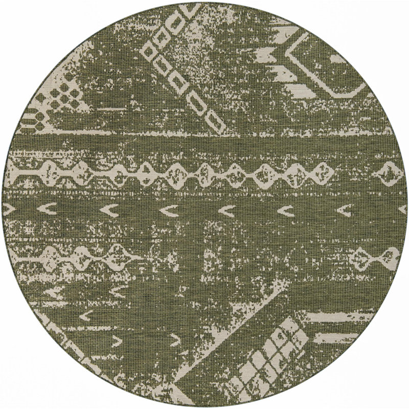 Tapis géométrique vert foncé / ivoire en polypropylène tissé à la machine Elpida, Rond 13 pi