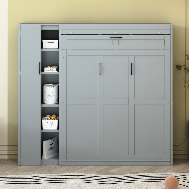 Lit double avec tablettes, garde-robe, lumières à DEL - gris, Gris, Lit double
