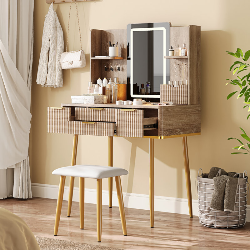4-Drawer Vanity Desk With Led Mirror & Carved Details, Fluted Makeup Table With Metal Legs And Pu Stool, Carved Dressing Table With Jewelry Storage For Bedroom