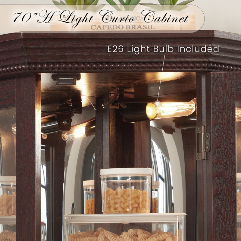 Eyisean Corner Curio Cabinet with Light Bulb, Tempered Glass Doors, Floor Standing Glass Display Cage with 6 Tempered Glass Shelves, Wine Cabinet Storage Rack for Bar and Liquor Storage