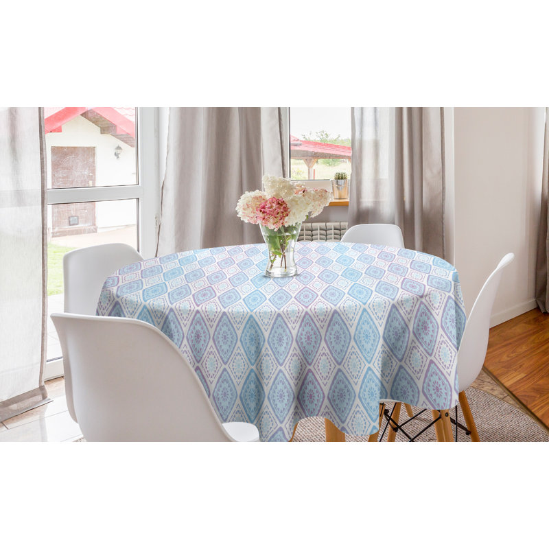Ambesonne Oriental Round Tablecloth, Digital Drawn Floral Motifs In Rhombs Pattern, Circle Table Cloth Cover For Dining Room Kitchen Decoration, 60", Blue Lavender