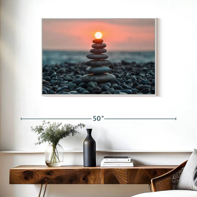 Zen pile au coucher du soleil, Cadre flottant blanc, 37 po x 25 po