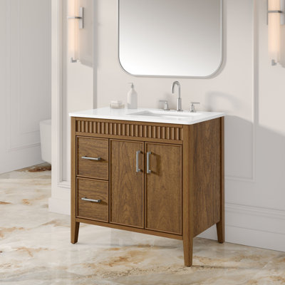 Meuble-lavabo autoportant en noyer chaud avec plateau en quartz blanc OVE Juliette OVE