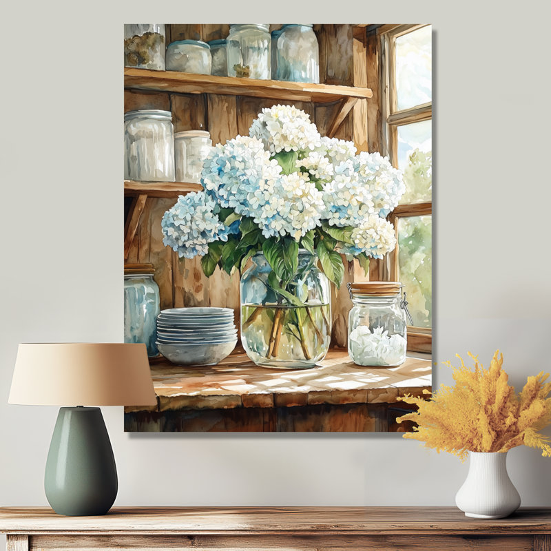 «Hydrangeas In The Farm Kitchen III», reproduction d'art traditionnelle en métal, hydrangées en métal, H 32 po x l 16 po