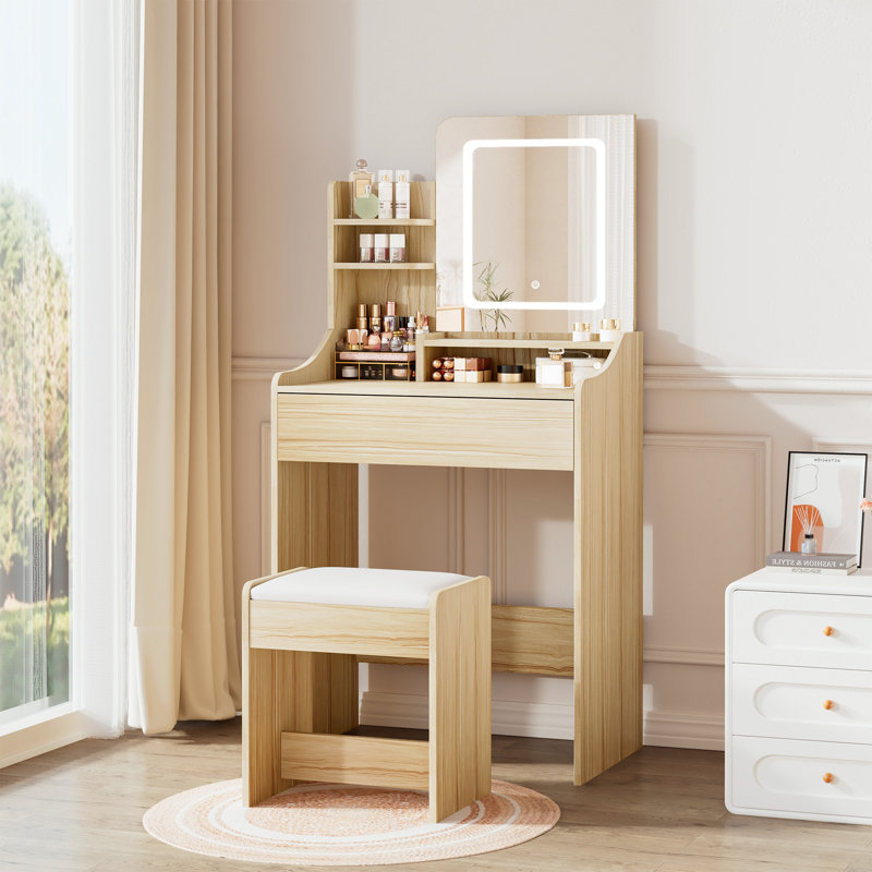 Bureau de maquillage avec tabouret, miroir et lumière, Bois clair