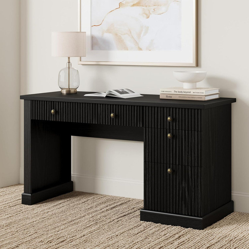 Bureau de direction 54 "avec détails cannelés et station de charge - Bureau d'ordinateur en bois avec tiroirs classeurs, Noir