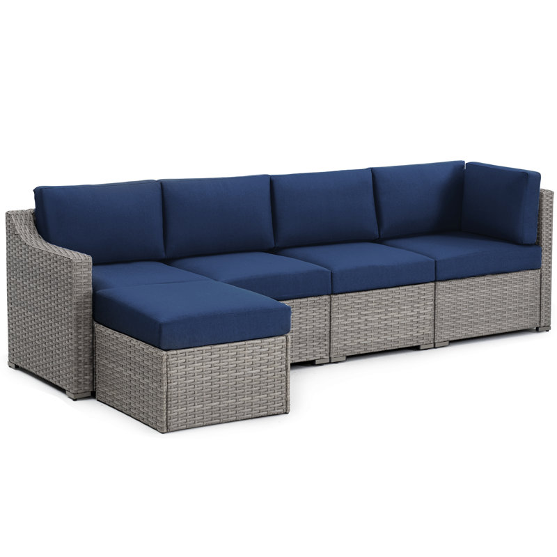 5 - Person Modular Patio Conversation Set with Cushions, Gray, Blue