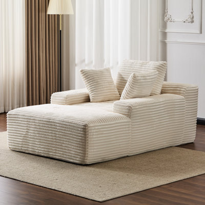 Chaise longue blanche avec revêtement en velours côtelé, 3 coussins décoratifs, accoudoirs larges, support ergonomique, mousse à mémoire de forme, fauteuil moderne surdimensionné sans assemblage pour se détendre à la maison, rembourrage en mousse, forme, espace de vie