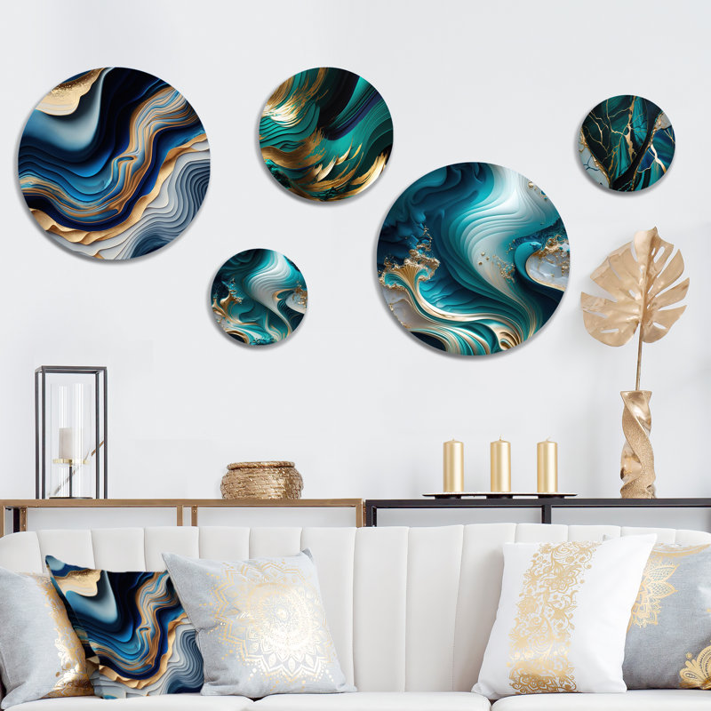Blue and Gold Flow Art II - Ensemble de 5 décorations murales rondes en métal