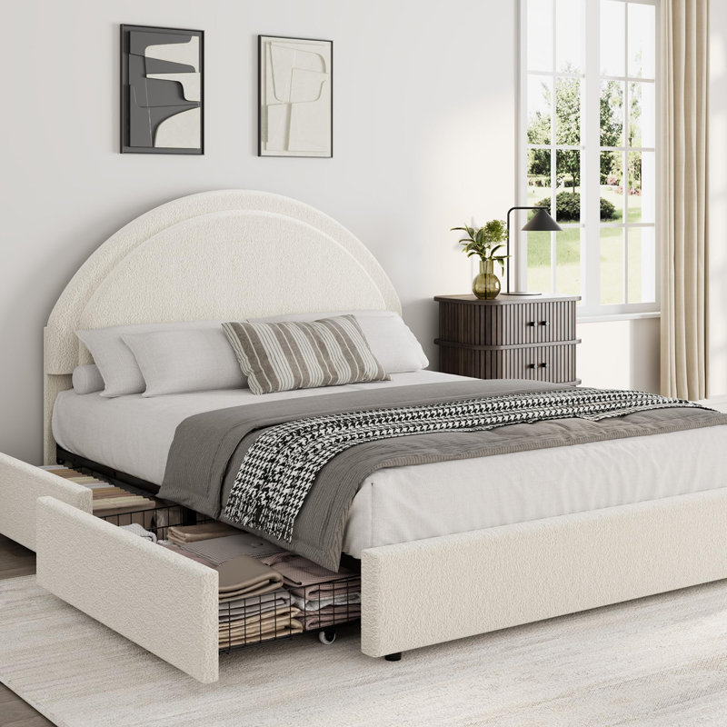 Bed Frame with Storage Drawers, Upholstered Boucle Platform Bed with Round Headboard, Beige, Queen