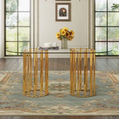 Table de salle à manger ovale en verre trempé de 71 pouces de style luxueux à double colonne dorée, en verre trempé résistant aux égratignures et facile à nettoyer. Convient pour une salle à manger de 6 à 8 personnes.