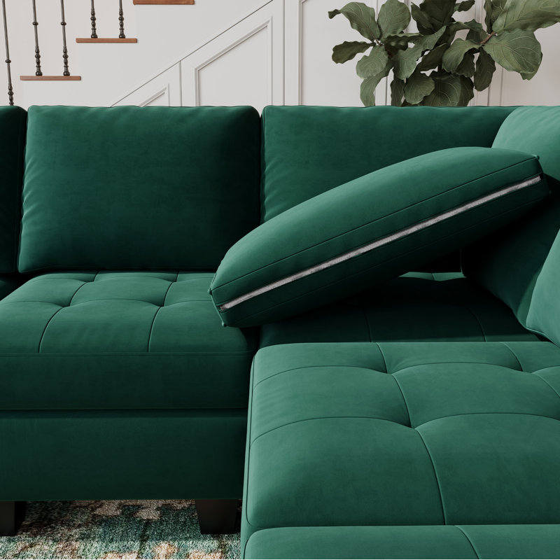 Shavera 7 - Piece Velvet Upholstered Sectional Sofa Large L shaped Livingroom Couch with Storage Ottoman, Green Velvet