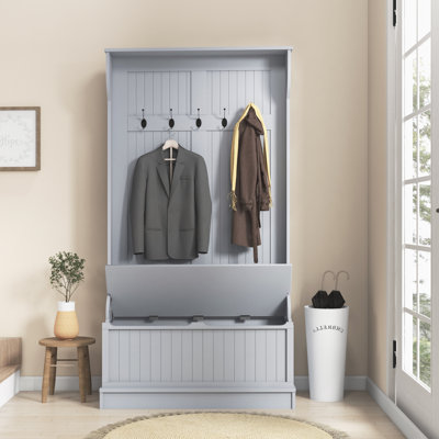 3-In-1 Entryway Hall Tree With Storage Bench,Coat Rack With Five Hooks And Shoe Storage