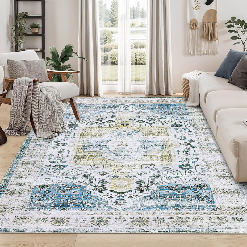 2x6 Runner Rug Kitchen Hallway Entryway – Vintage Floral Oriental Design Non-Slip Stain Resistant Low Pile Floor Covering (Blue)
