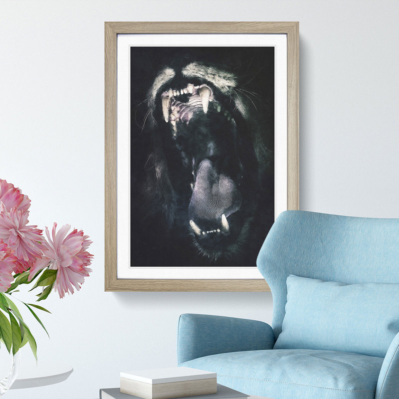 Roaring Lion 1 Piece Single Picture Frame Painting on MDF, 63cm H x 45cm W x 2cm D, Oak Framed
