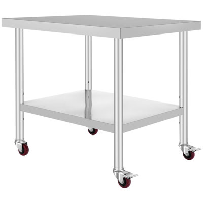 Table de travail 30 po x 36 po x 34 po en acier inoxydable avec tablette réglable à 3 niveaux avec 4 roulettes