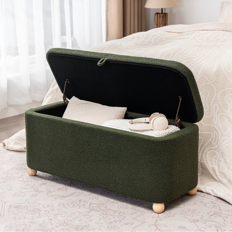 Velvet Rectangular Storage Bench, Green Teddy