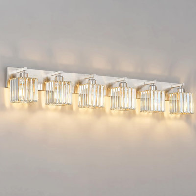 Modern Brushed Nickel Bathroom Vanity Light With K9 Crystal Shade, 6-Light Wall Sconce, E26 Socket, Easy Installation