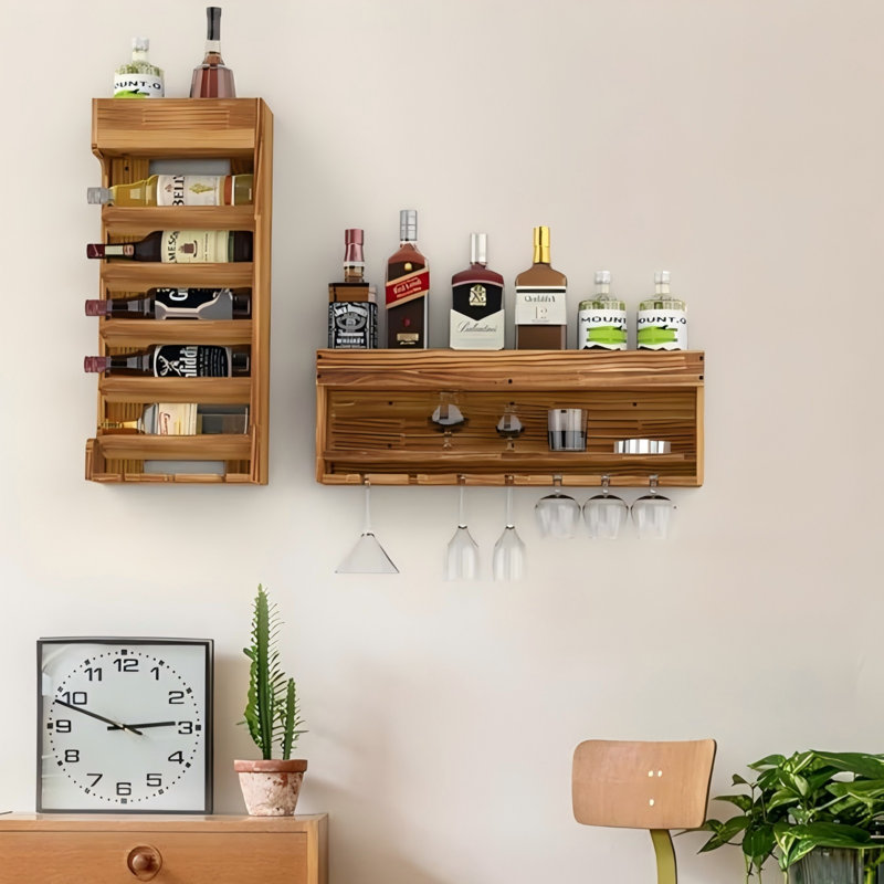 Vintage Wall Wine Rack, Wooden Storage With Glass Hanger, Beige