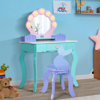 Kids Vanity Set With Stool And Mirror, Princess Make Vanity With Mirror For Children