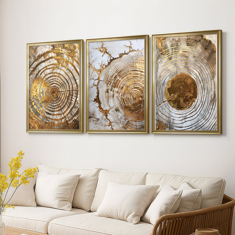 ABSTRACT Series Cxxviii - Toile tendue avec châssis sur mesure - 3 pièces, H 21 po x l 30 po, Doré
