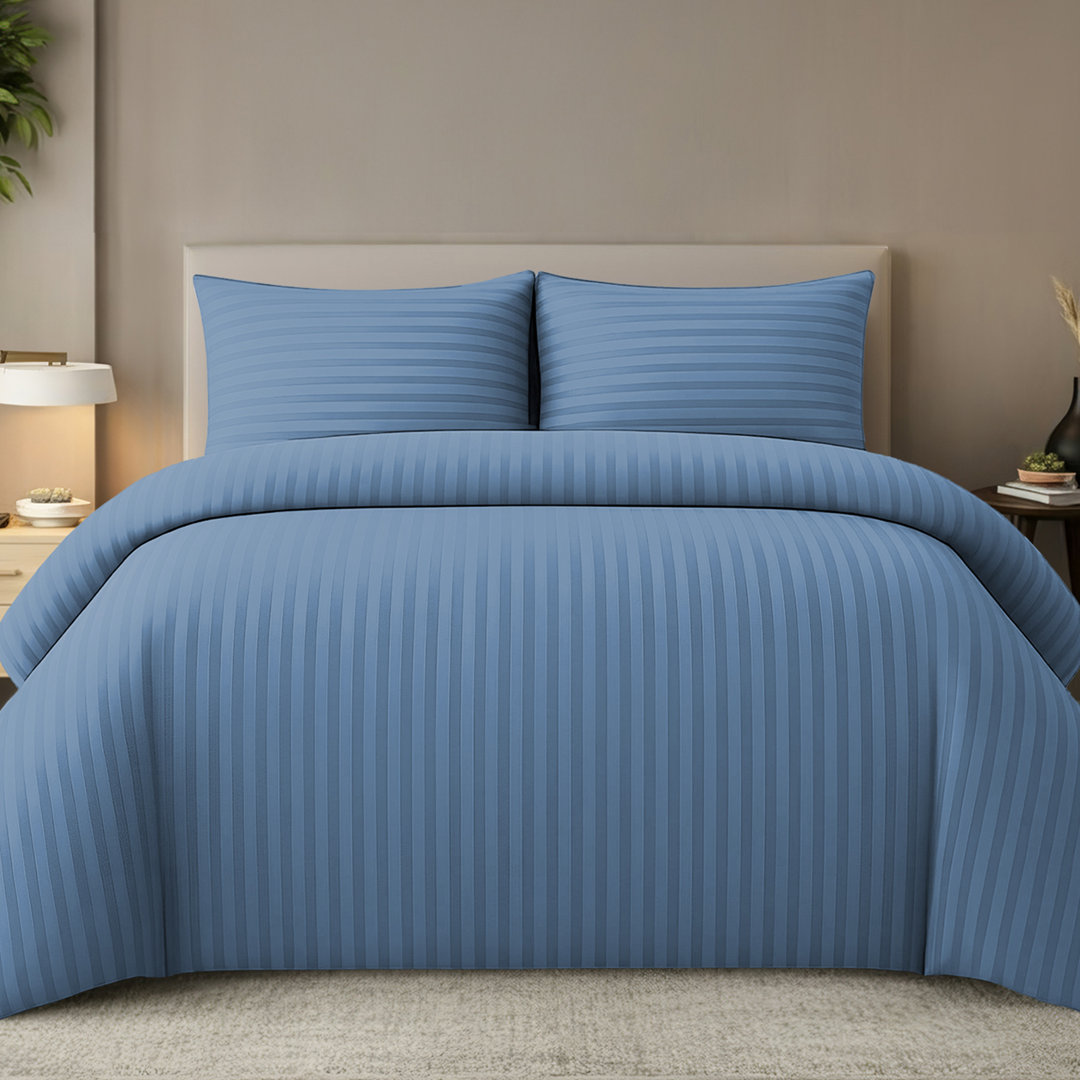 Premium Satin Stripes Duvet Cover Set Reversible With Zipper Closure & Corner Ties