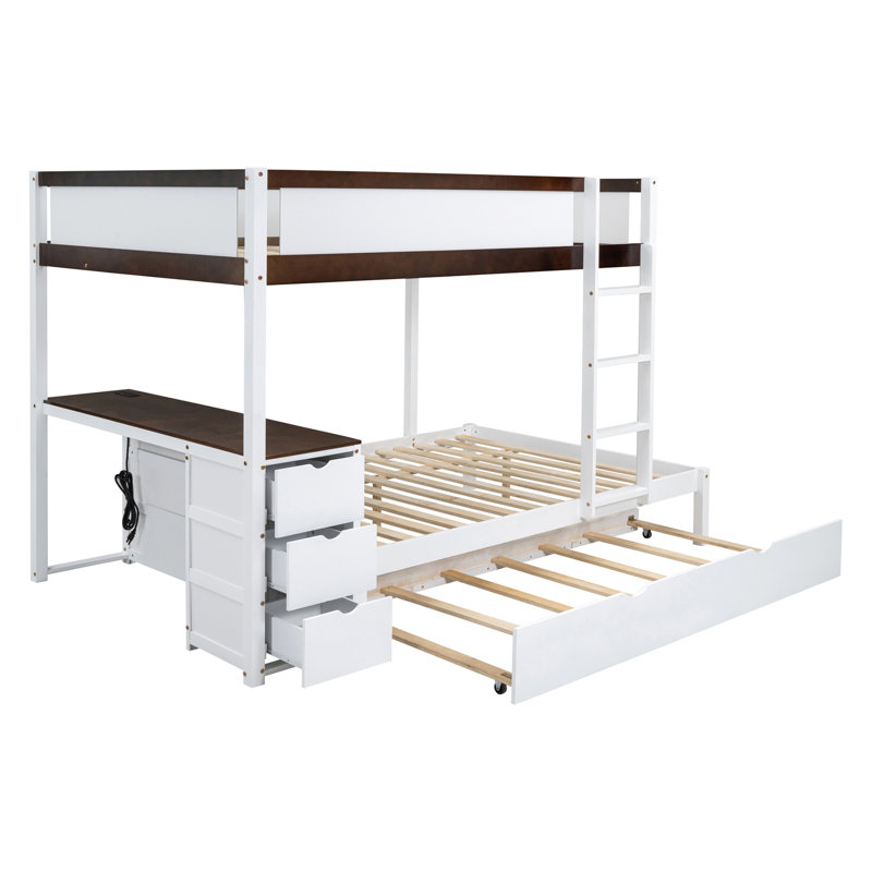 Lit superposé avec rangement, prises de courant, bureau blanc + bureau en noyer, lit gigogne simple et prises électriques -