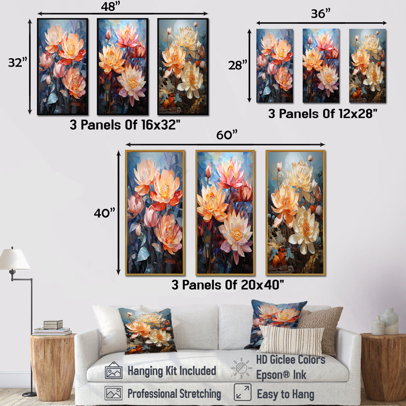 Lotus Cubist Harmony - lot de 3 décorations murales Lotus, H 40 po x l 60 po, Cadre flottant brun