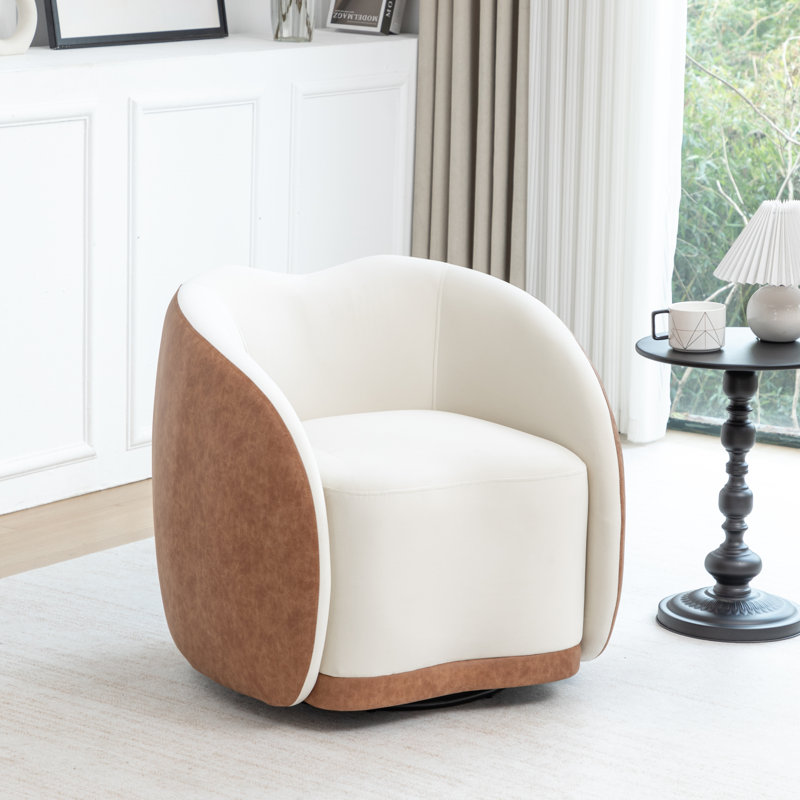Fauteuil demi-tonneau pivotant en velours Aastha, Brun / Blanc