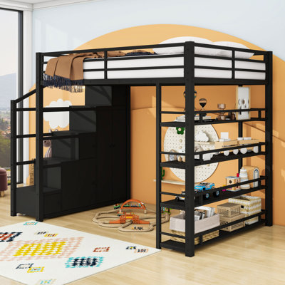 Full Metal Loft Bed With Storage Shelves, Cabinets, Wardrobe & Staircase
