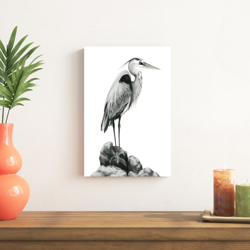 Shoreline Heron in B&W I par Grace Popp - reproduction de dessin sur toile tendue, H 18 po x l 12 po