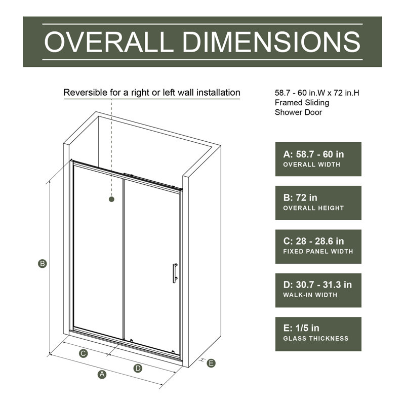 60.In W X 72.In H Single Sliding Shower Door, 1/5 Inch Thick Clear Tempered Glass Shower Door With Stainless Steel Handle