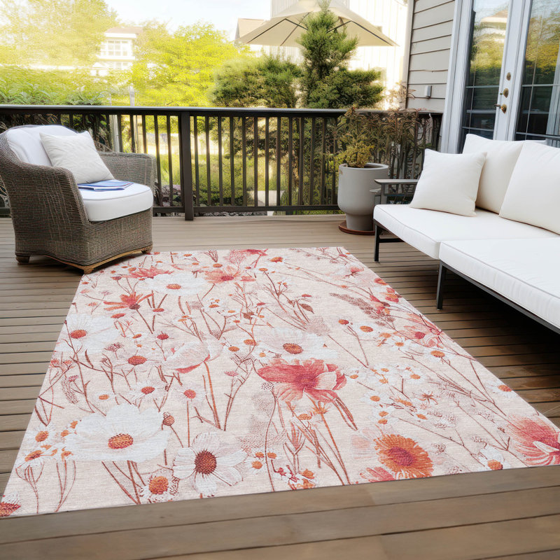Rectangular Red Floral Synthetic Washable Rug