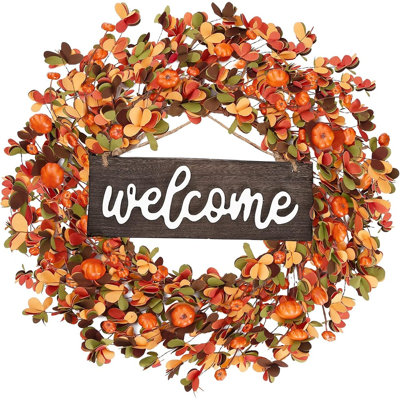 Couronne de récolte d'automne avec mini citrouilles, baies et feuilles d'automne, décoration de porte d'entrée rustique pour intérieur extérieur, fenêtre et décoration saisonnière de l'Action de grâce