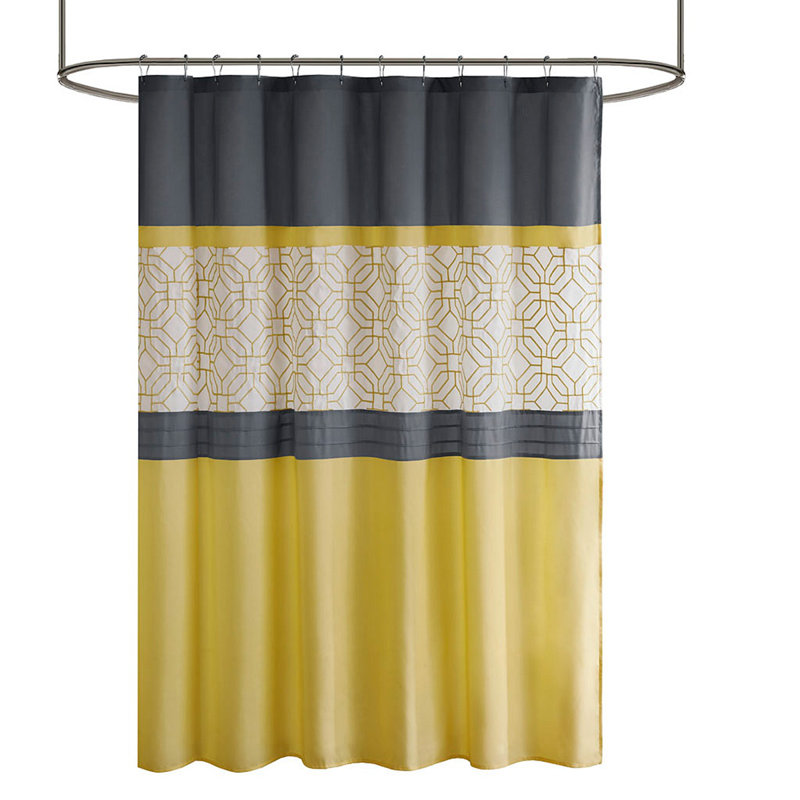Embroidered And Pieced Shower Curtain, Yellow/Gray Geometric