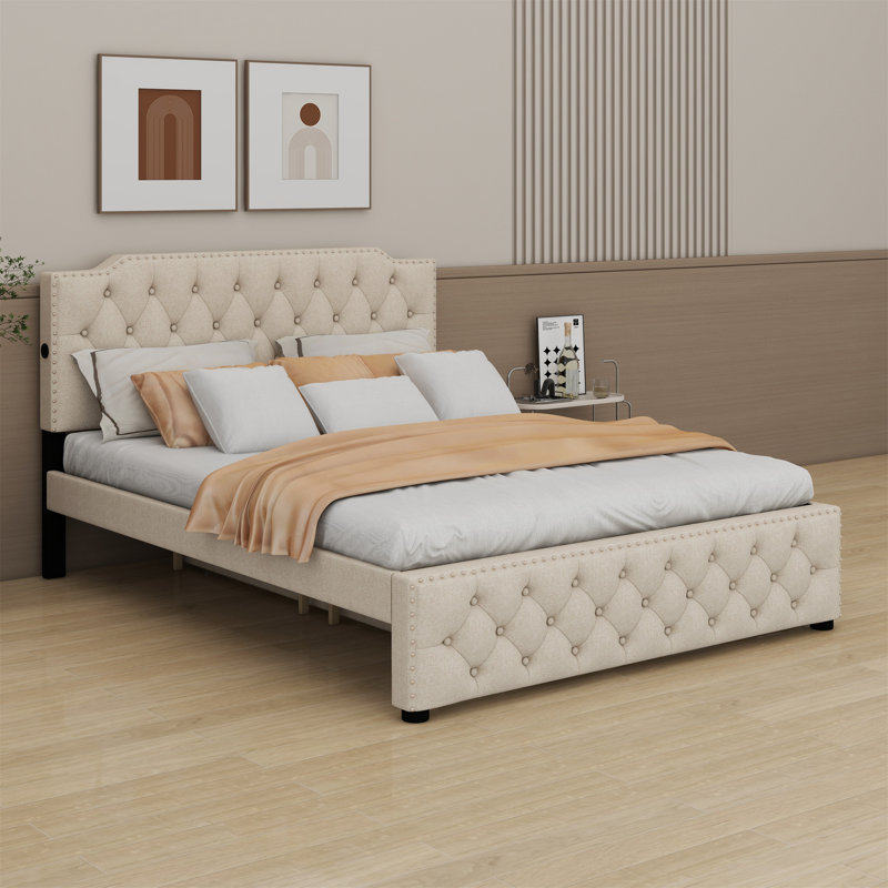 Lit plateforme tapissier avec lit gigogne et 2 ensembles de ports USB, Beige