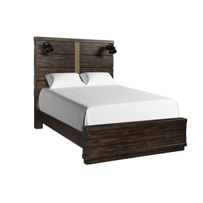 Lit industriel avec haut-parleurs et têtes de lit en bois massif +, brun, P 91,92 po x l 80 po, H 68 po, 192 lb, charge, conception intégrée avec éclairage, ports 91,92 po, 80 po, 68 po, poids de 192 lb