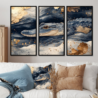 Alligator And Marble Flections I - Crocodile Canvas Wall Art - 3 Panels